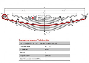 Лист рессоры HYUNDAI HD 120 задней №2 (17 листов) L=1363мм ЧМЗ 701117HD1202912102 OMK AUTO