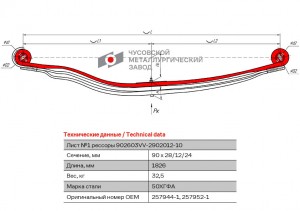 лист коренной! рессоры передней №1 90х26 L=1826\ Volvo 902603VV-2902101-10 OMK AUTO