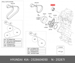 Ролик приводного ремня KIA Picanto (11-) (1.0) обводной OE 2528604050 HYUNDAI KIA