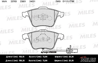Колодки тормозные передние (с датчиком) (Смесь Semi-Metallic) AUDI A6/ALLROAD 04 E100281 MILES