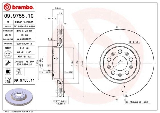Диск тормозной VOLVO S60 (316x28) передний (1шт.) (мин.2шт.) BREMBO 09.9755.11 BREMBO