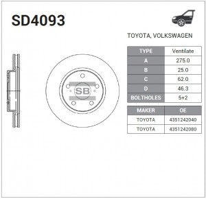 Диск тормозной TOYOTA Rav 4 (06-) передний (1шт.) SANGSIN SD4093 SANGSIN
