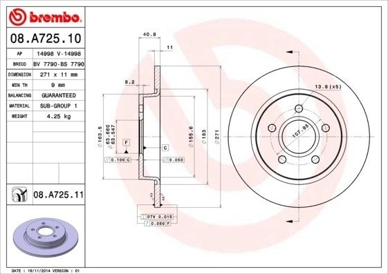 08.A725.10 диск тормозной задний!\ Ford Focus III 1.6-2.0 11> 08A72510 BREMBO