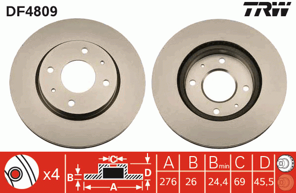 Диск тормозной передний MITSUBISHI GALANT VI, LANCER (CS) DF4809 DF4809 TRW