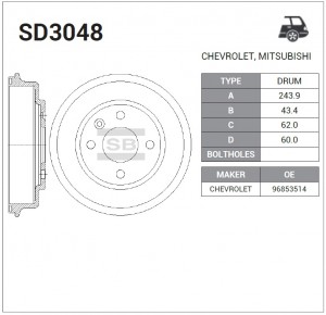 Барабан тормозной CHEVROLET AVEO 11- SD3048 SD3048 SANGSIN