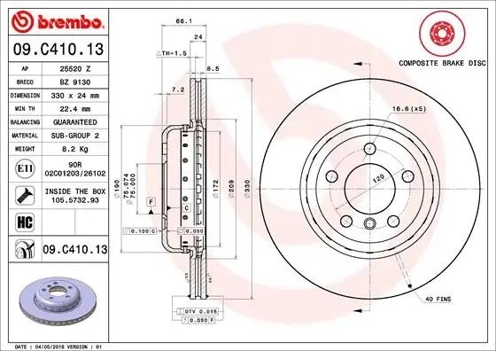 Диск тормозной передний BMW 5 (F10) 09 09.C410.13 09.C410.13 BREMBO