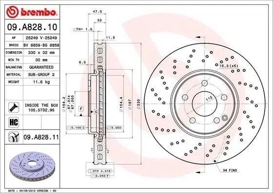 09.A828.11 диск тормозной передний перфорированный!\ MB W211/W220 2.8-5.0i 02> 09.A828.11 BREMBO