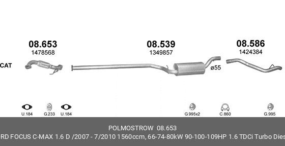 08.653, ТРУБА ГЛУШИТЕЛЯ ПРОМЕЖУТОЧНАЯ POLMOSTROW, ПОЛЬША 08.653 POLMOSTROW