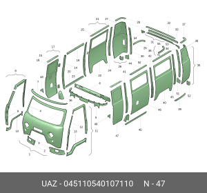 Боковина кузова УАЗ-3741,452 левая узкая без окна (ОАО УАЗ) 045110540107110 UAZ UAZ