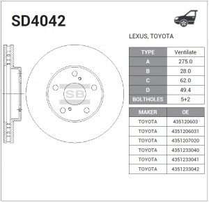 Диск тормозной TOYOTA AVENSIS 01-/CAMRY 91-01/PREVIA 00- передний вент.D 275мм.  SD4042 SANGSIN