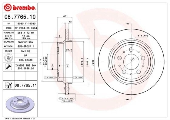 ДИСК ТОРМОЗНОЙ VOLVO S60 I (384) T5 2004-2010 BREMBO 08.7765.11 BREMBO
