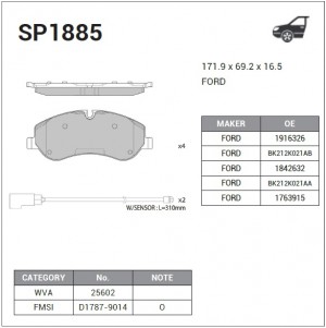 Колодки тормозные дисковые Ford Transit 14/Transit/Tourneo Custom 12 SP1885 SP1885 SANGSIN