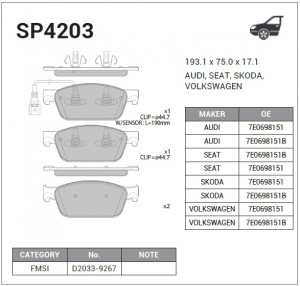 Колодки передние VW TRANSPORTER V/VI SP4203 SP4203 SANGSIN