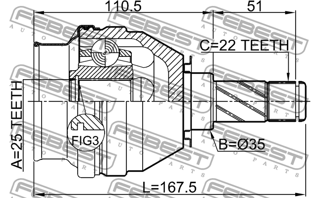 ШРУС ВНУТРЕННИЙ 25X35X22 подходит для OPEL ASTRA H 2004-2010 1811-Z18X 1811-Z18X FEBEST