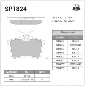 Колодки тормозные CITROEN BERLINGO 08-/PEUGEOT 308 07-/PARTNER 08- задние SP1824 SP1824 SANGSIN