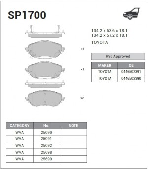 Колодки тормозные TOYOTA Corolla (13-) передние (4шт.) SANGSIN SP1700 SANGSIN