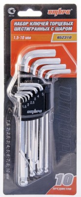 набор ключей! шестигранных с шаром Г-обр. HEX/BALL 10пр H1.5-H10мм\ 952310 OMBRA