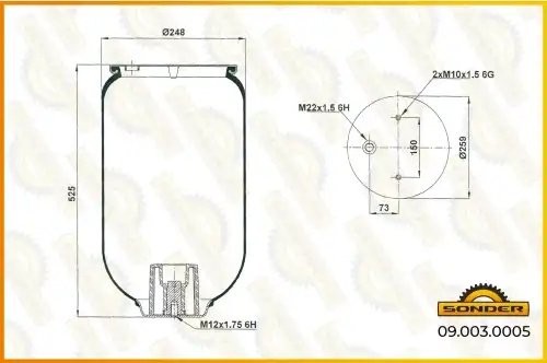 Пневморессора Premium без стакана 2 отв M10 под шп. + 1 отвер.M22 под возд. — 3  090030005 SONDER