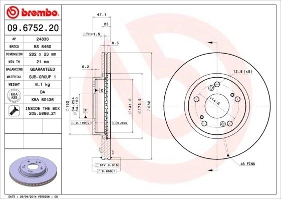 Диск тормозной 09.6752.20 09.6752.20 BREMBO