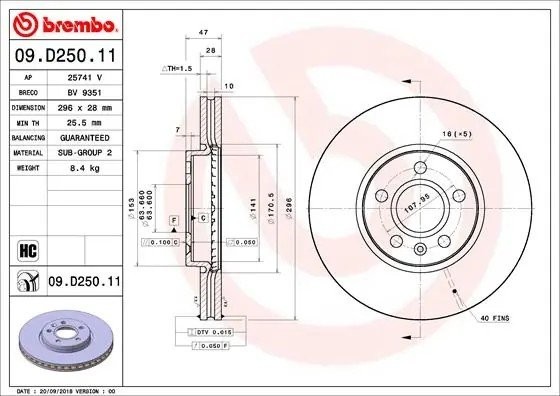 Диск тормозной VOLVO S60 (19-),S90 (17-) передний (1шт.) BREMBO 09.D250.11 BREMBO