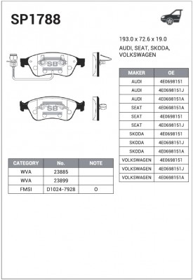 Колодки передние AUDI A8 (4E) SP1788 SP1788 SANGSIN