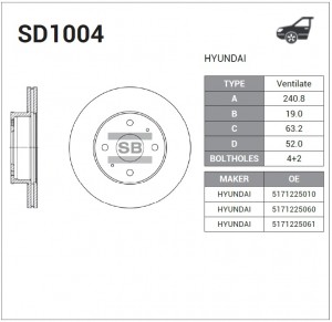 Диск тормозной HYUNDAI ACCENT (LC) 00-06 передний вент. SD1004 SD1004 SANGSIN