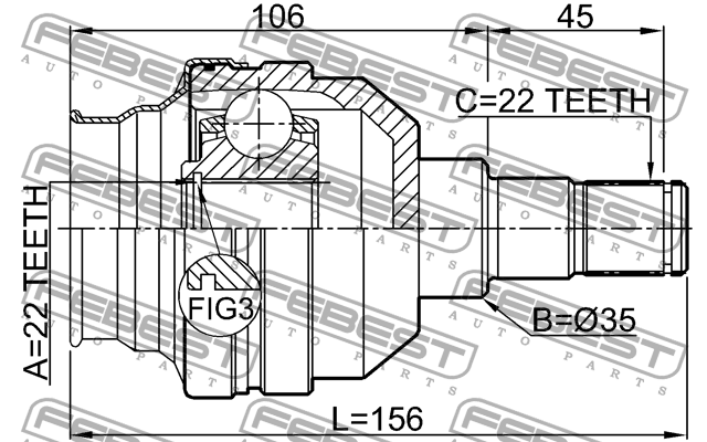 ШРУС внутренний левый CHEVROLET AVEO (T250/T255) 2009-2013 1011-T255LH 1011-T255LH FEBEST