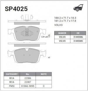 Колодки тормозные дисковые Volvo XC60 2.0/2.4D 16 SP4025 SP4025 SANGSIN