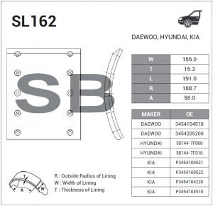 Накладка тормозной колодки DAEWOO Novus передняя (шир.155мм,10отв.) SANGSIN SL162 SANGSIN