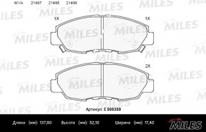 Колодки тормозные передние (Смесь CERAMIC серия PRO) HONDA ACCORD 2.0-2.2 90-93  E500359 MILES