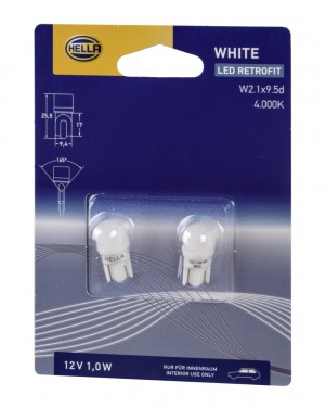 к-кт ламп! (W5W) 12V светодиодная LED RETROFIT W2.1x9.5d 1W 4000K(2шт. в блистер 8GL178560-591 HELLA