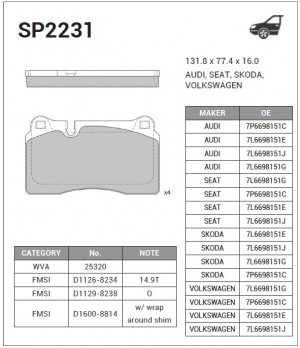 Колодки передние VW TOUAREG (7L/7P) SP2231 SP2231 SANGSIN
