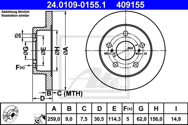 24.0109-0155.1 диск тормозной задний!\ Toyota Auris 1.4/1.6 VVTi 07> 24.0109-0155.1 ATE