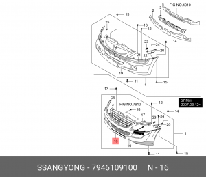 Решетка бампера SSANGYONG Kyron (07-) переднего OE 7946109100 SSANG YONG