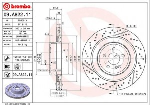 09.A822.11 Диск тормозной задний вентилируемый MERCEDES (C218, X218, W212) 09.A822.11 BREMBO