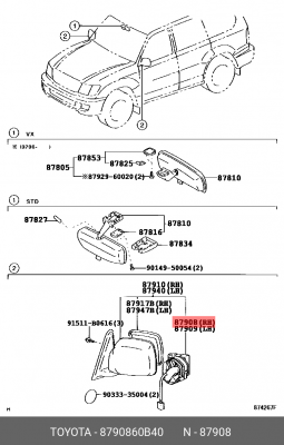 актуатор зеркала правый/левый!\Toyota LC200 07> 87908-60B40 TOYOTA