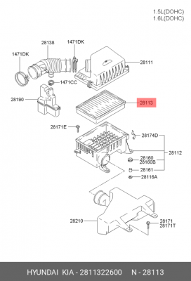 Фильтр воздушный HYUNDAI Accent (99-) (1.3/1.5) OE 28113-22600 HYUNDAI KIA