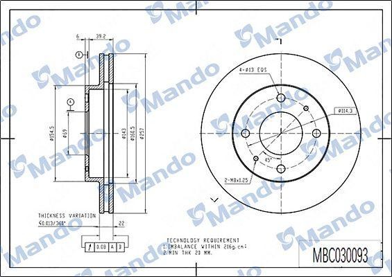 Диск тормозной HONDA Civic (91-01) передний (1шт.) MANDO MBC030094 MANDO