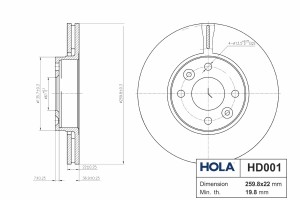 Диск тормозной для а/м Lada Largus, Renault Logan, LADA Vesta, LADA X-RAY HOLA в HD001 HOLA