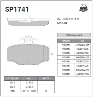 Колодки тормозные NISSAN Almera (N16),Primera (P11) задние (4шт.) SANGSIN SP1741 SANGSIN