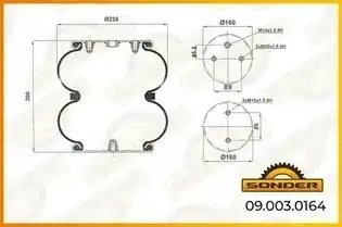 Пневморессора Premium c металл. крышк.  двойной сильфон Scania 2/3/4/P/G/R/T сер 090030164 SONDER
