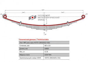 Лист рессоры МАЗ-4370 передней №1 (8 листов) L=1866мм ЧМЗ 43702902101011 OMK AUTO