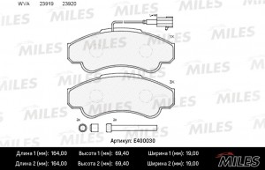 Колодки тормозные передние (болты + 1 датчик) (Смесь Low-Metallic) (FIAT DUCATO, E400030 MILES
