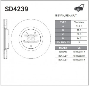 Диск тормозной NISSAN QASHQAI 07-/RENAULT KOLEOS 08- передний вент.D 320мм. SD42 SD4239 SANGSIN