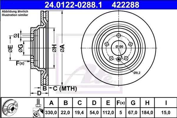 Диск тормозной MERCEDES GLE (C292) (15-) задний (1шт.) ATE 24.0122-0288.1 ATE