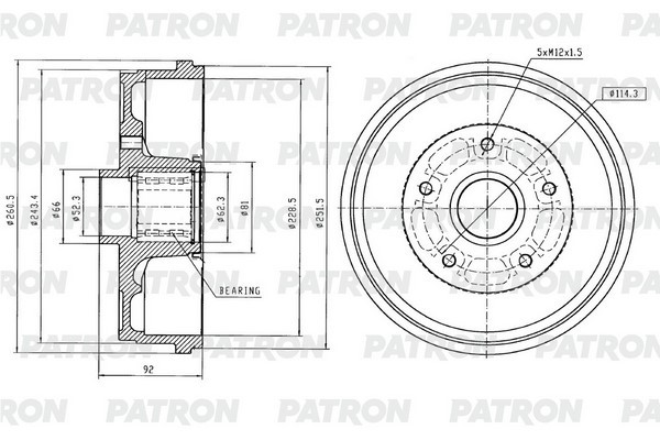 Барабан тормозной RENAULT Duster 4x2 / Kaptur 1,6 (+ подшипник,+ кольцо ABS) PDR PDR1014 PATRON