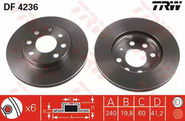 Диск тормозной передний OPEL CORSA C 1.0-1.2 -6/04 (+ABS) DF4236 DF4236 TRW