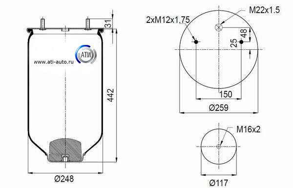 Рессора пневматическая без стакана; (2 шп.+возд. / 1 отв.); SAF 2618V Без стакан RML75133 BLACKTECH