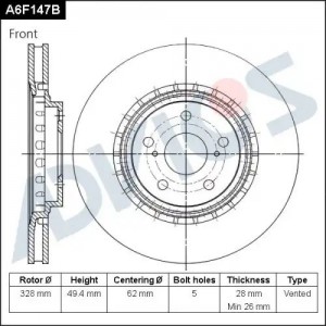 Диск тормозной TOYOTA Highlander (07-) LEXUS RX (09-) передний (1шт.) ADVICS A6F147B ADVICS