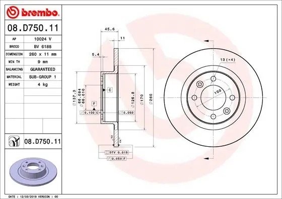 Диск тормозной 08.D750.11 08.D750.11 BREMBO